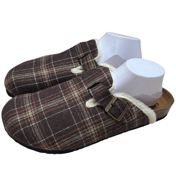 NWOT Fitory Plaid Mule Slip Ons Cork Footbed Cozy Cabincore Holiday Women’s 12 - Picture 2 of 9